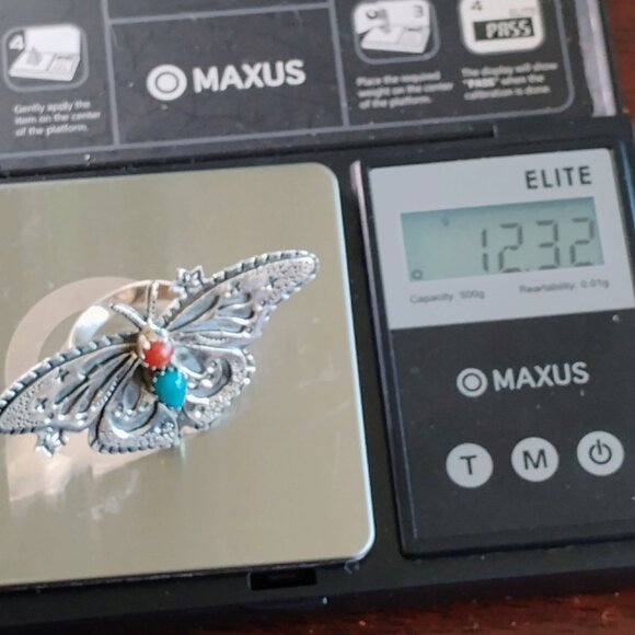 Southwest Sterling Silver Overlay Butterfly Ring Turquoise & Coral Size 8 - Picture 6 of 6